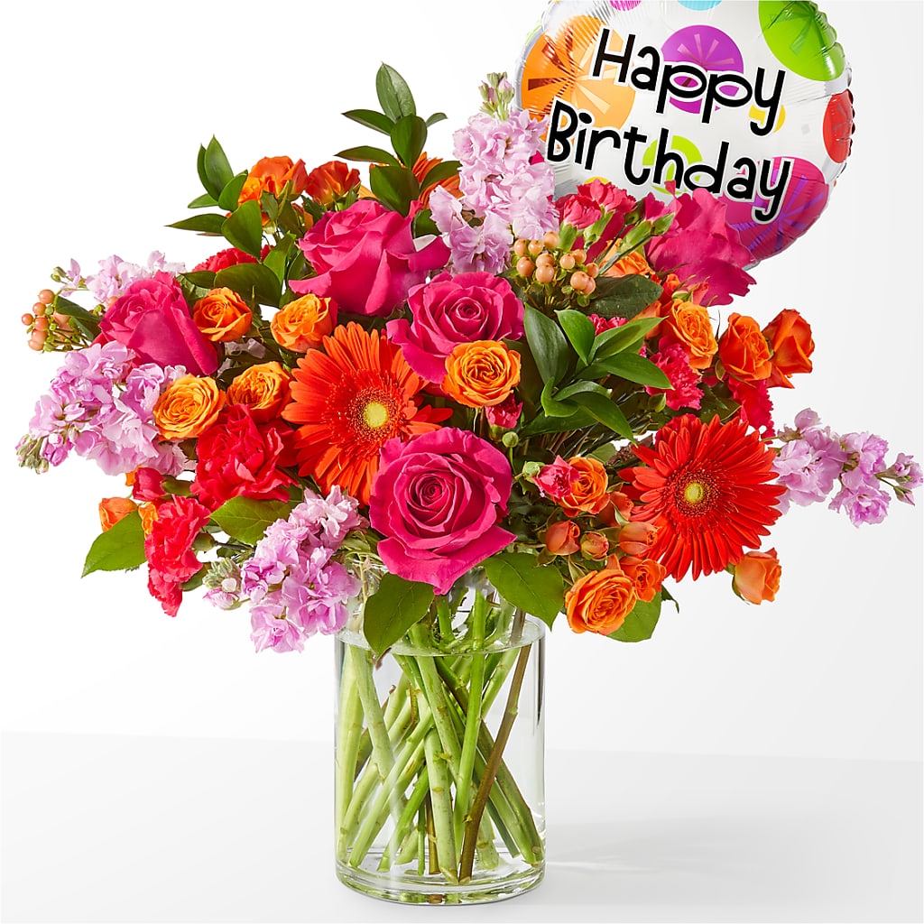 Fiesta Bouquet with Birthday Balloon – WENDT'S POTS AND POSIES, Dunlap IA