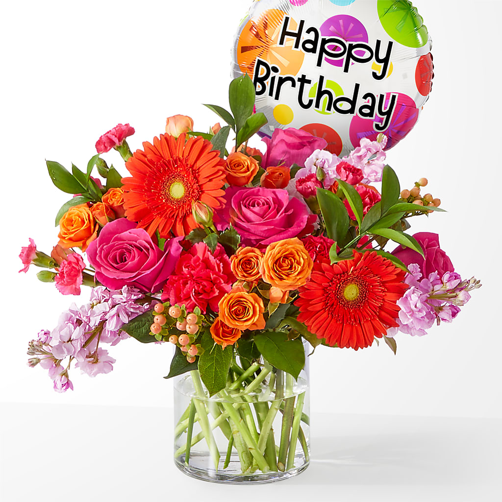 Fiesta Bouquet with Birthday Balloon – WENDT'S POTS AND POSIES, Dunlap IA