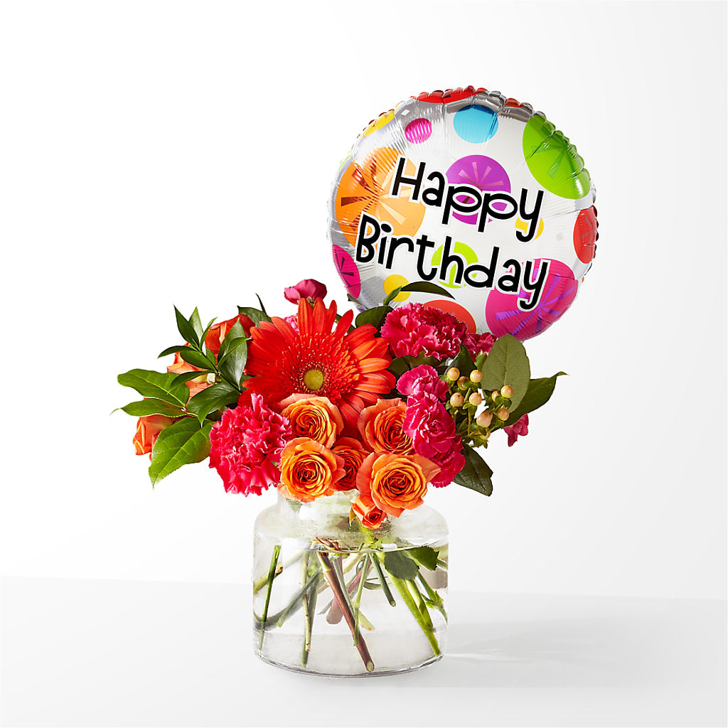 Fiesta Bouquet with Birthday Balloon – WENDT'S POTS AND POSIES, Dunlap IA