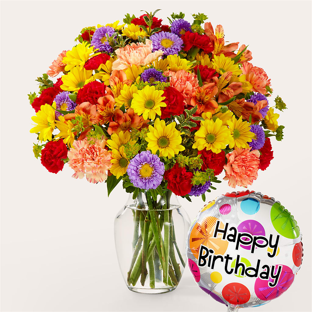 Kaleidoscope Bouquet with Birthday Balloon – WENDT'S POTS AND POSIES, Dunlap IA