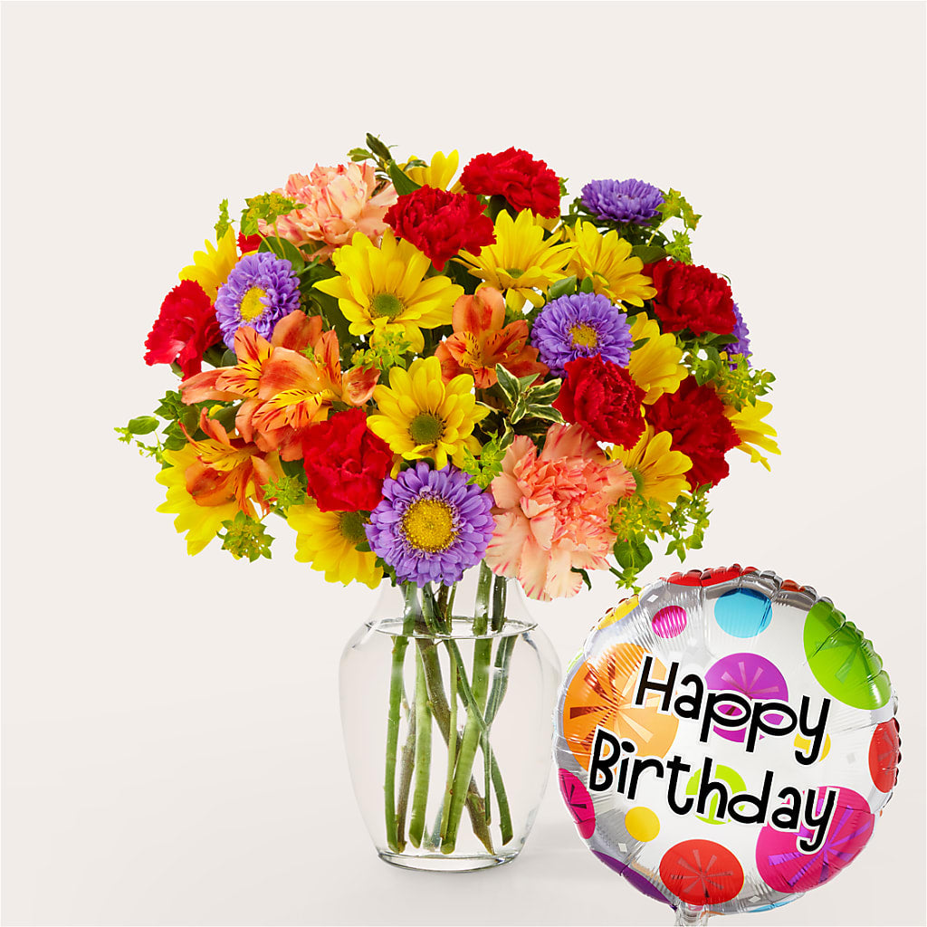 Kaleidoscope Bouquet with Birthday Balloon – WENDT'S POTS AND POSIES, Dunlap IA