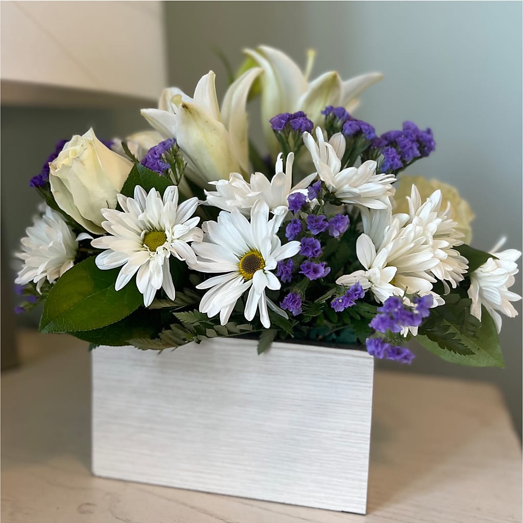 Beyond Blue Box Bouquet – WENDT'S POTS AND POSIES, Dunlap IA