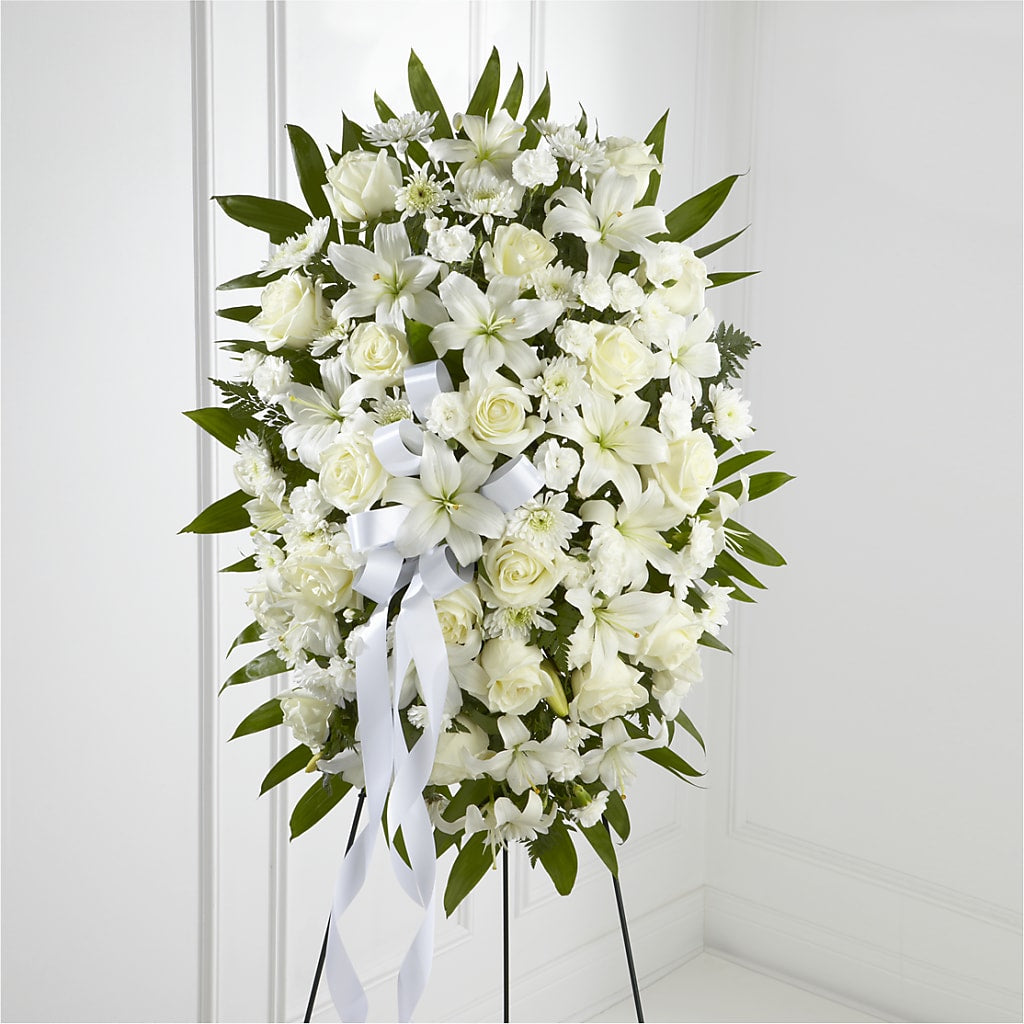 Exquisite Tribute Standing Spray-White Ribbon – WENDT'S POTS AND POSIES, Dunlap IA