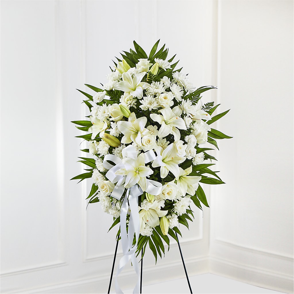 Exquisite Tribute Standing Spray-White Ribbon – WENDT'S POTS AND POSIES, Dunlap IA