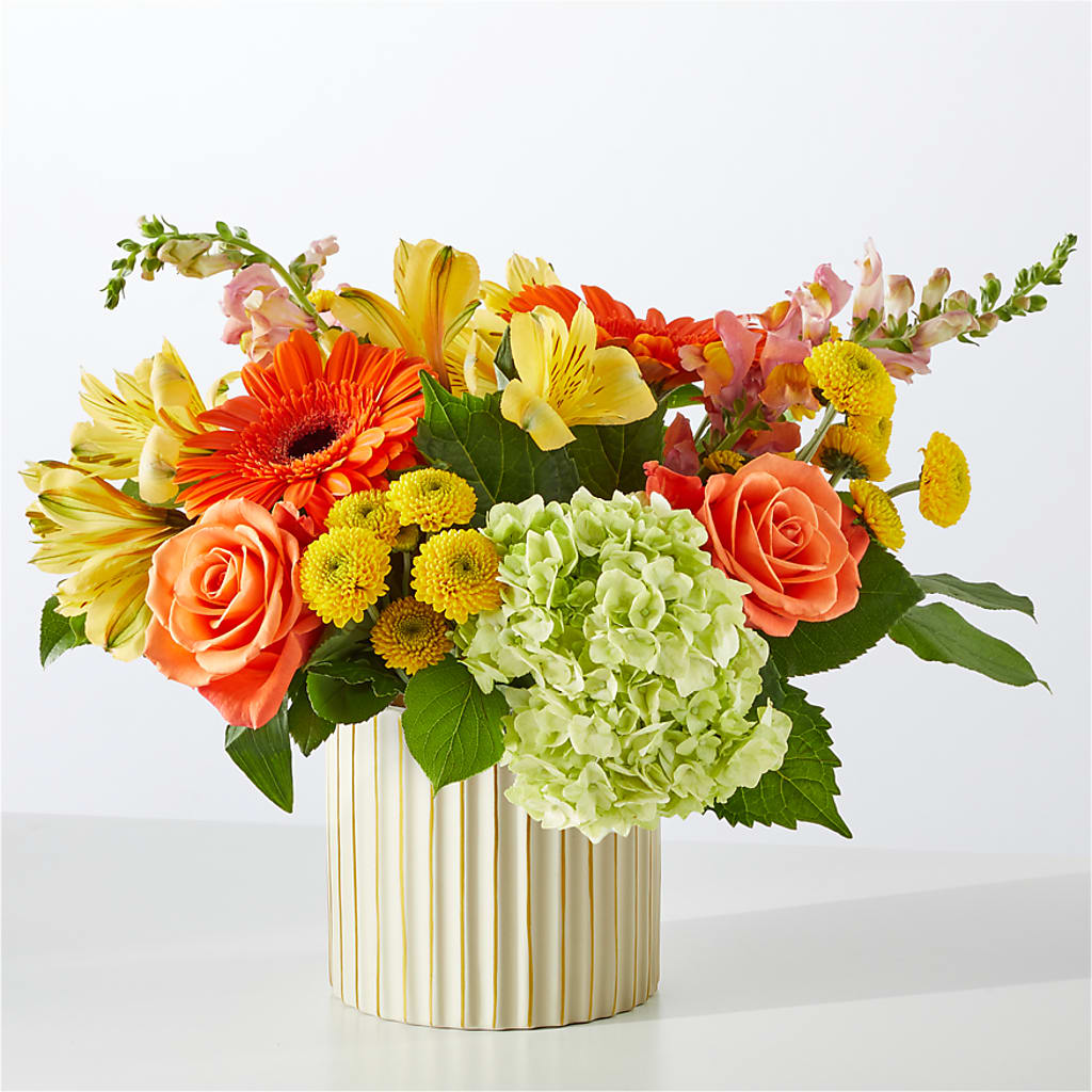 Autumn Sunshine Bouquet with Ivory Vase – WENDT'S POTS AND POSIES, Dunlap IA