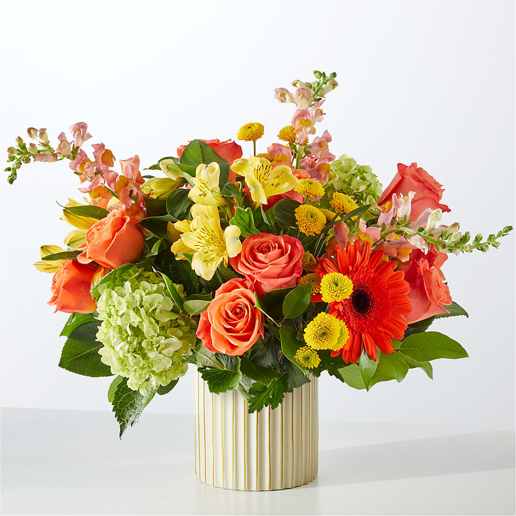 Autumn Sunshine Bouquet with Ivory Vase – WENDT'S POTS AND POSIES, Dunlap IA