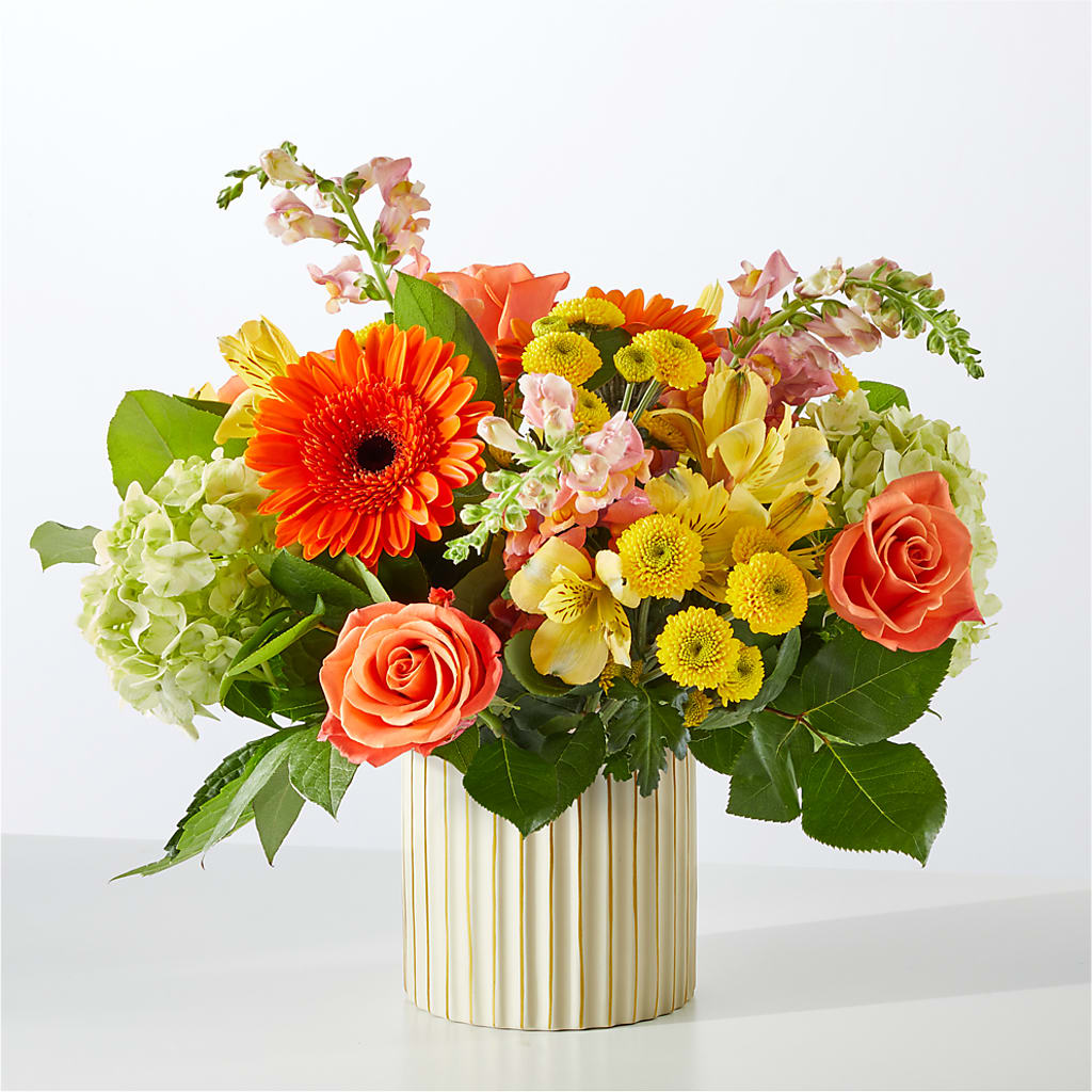 Autumn Sunshine Bouquet with Ivory Vase – WENDT'S POTS AND POSIES, Dunlap IA