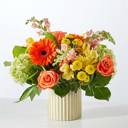 Autumn Sunshine Bouquet with Ivory Vase – WENDT'S POTS AND POSIES, Dunlap IA