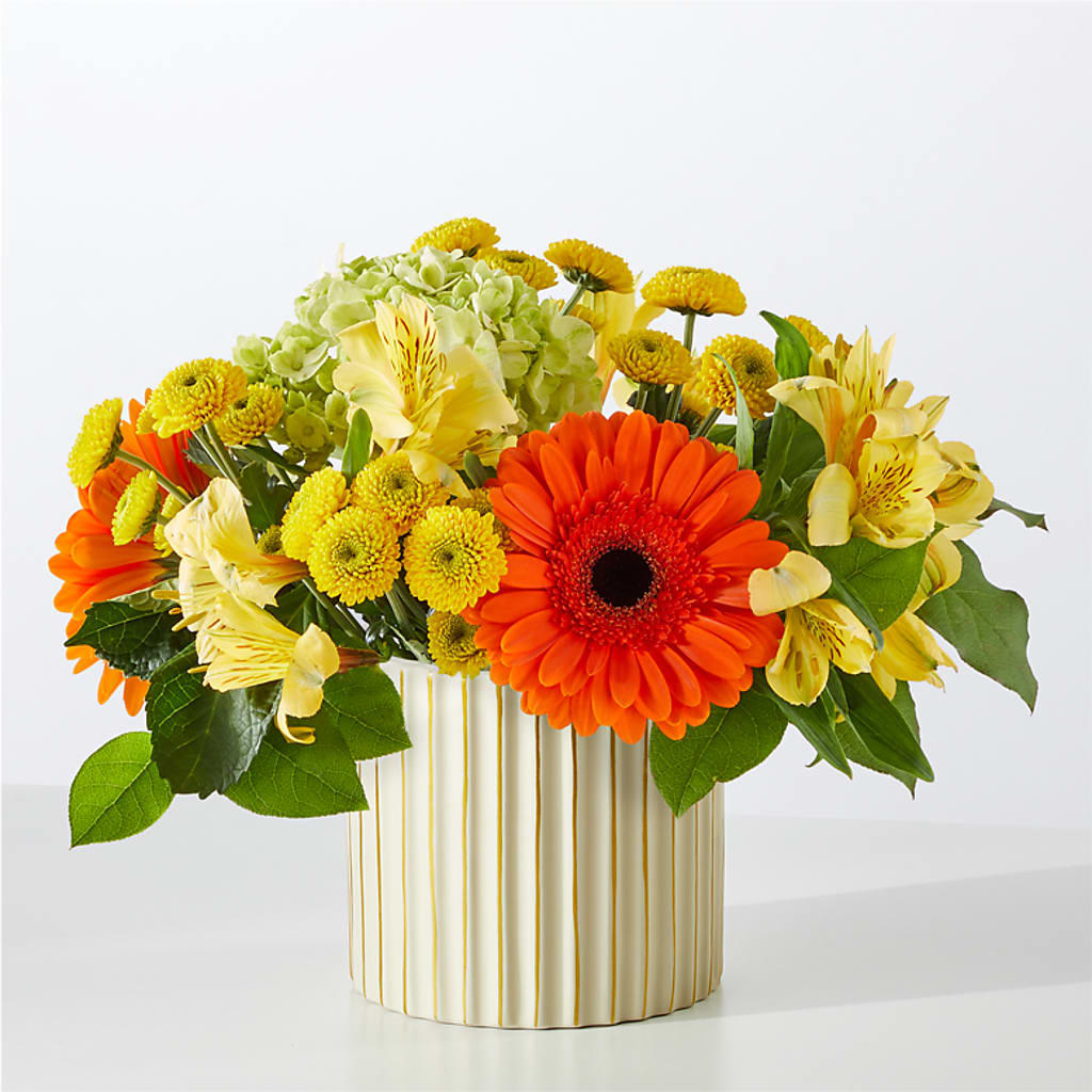 Autumn Sunshine Bouquet with Ivory Vase – WENDT'S POTS AND POSIES, Dunlap IA